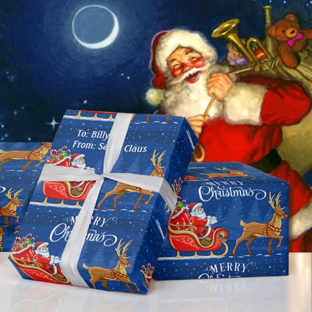 Papel De Presente Santa Claus Adicione NOME Reindeer & Sleigh (Criador carregado)