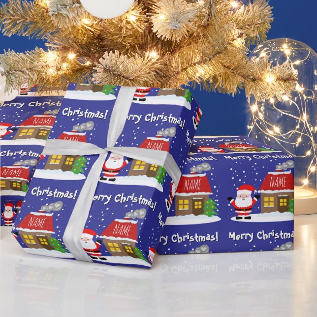 Papel De Presente Santa Claus cartoon with house and Christmas tree (Feriados)