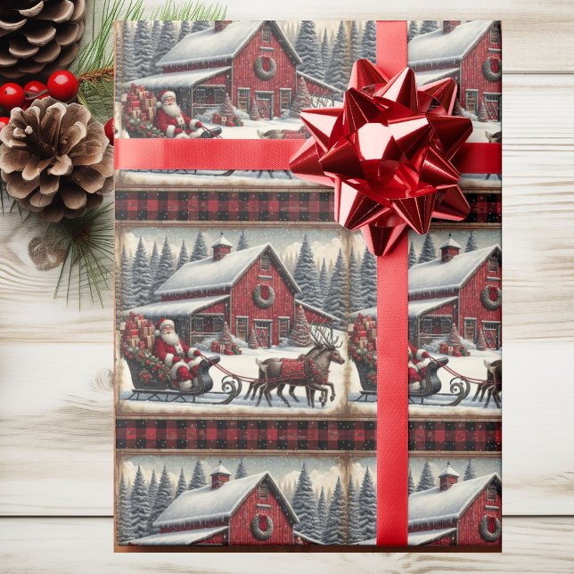 Papel De Presente Santa Claus Sleigh Reindeer Barn País de Natal (Criador carregado)