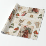 Papel De Presente Santa Claus Vintage Angel Christmas Elegant Script<br><div class="desc">Charming Cottagecore, um papel estético de desacoplamento de Natal com uma antiga aquarela pintada pelo Pai Natal, Santo Nicholas, Papai Noel em seu carregando vermelho de veludo, sinos prateados e folhagem de pinho caminhando pela neve. Anjos menores tocam a imagem junto com bagas vermelhas de inverno e um sino. A...</div>