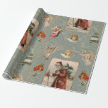 Papel De Presente Santa Claus Vintage Angel Christmas Sage Script<br><div class="desc">Pobre cinza verde de sábio. Charming Cottagecore, um papel estético de desacoplamento de Natal com uma antiga aquarela pintada pelo Pai Natal, Santo Nicholas, Papai Noel em seu carregando vermelho de veludo, sinos prateados e folhagem de pinho caminhando pela neve. Anjos menores tocam a imagem junto com bagas vermelhas de...</div>