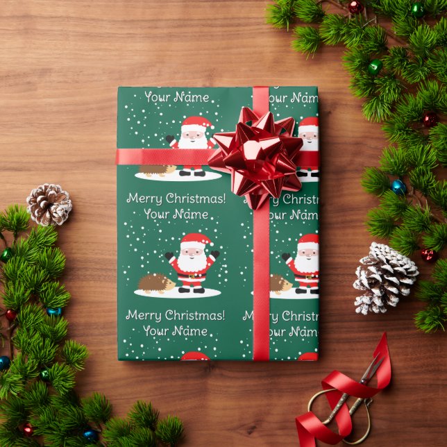 Papel De Presente Santa Claus with hedgehog cartoon kid's Christmas (Presente de Natal)