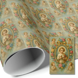 Papel De Presente Santa Criança Jesus com Anjos Vintage Católico