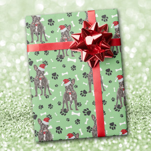 Papel De Presente Santa Frenchie Impressão de Pata em Verde