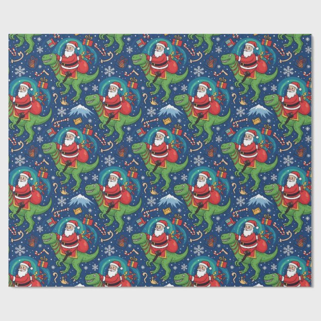 Papel De Presente Santa Riding a Dinosaur Funny Christmas Design (Aberto)