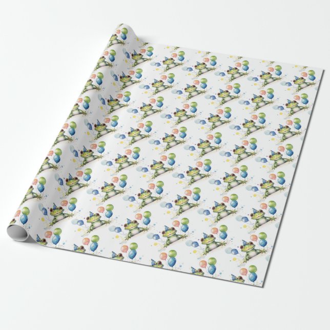 Papel De Presente Sapo branco, verde, com balões (Desenrolado)