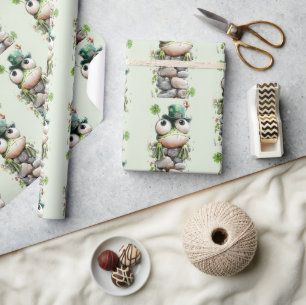 Papel De Presente Sapo com Chapéu Verde e Trevo Patrão Fofo