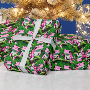 Papel De Presente Sapo Rosa No Padrão De Folha Verde Design