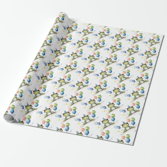 Papel De Presente Sapo verde caprichoso e fofo com balões (Desenrolado)