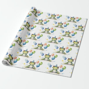 Papel De Presente Sapo verde caprichoso e fofo com balões