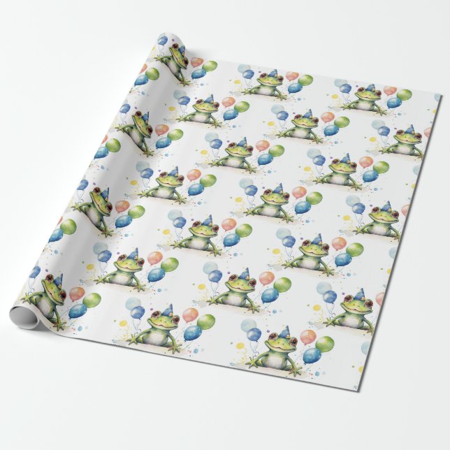 Papel De Presente Sapo verde caprichoso e fofo com balões (Desenrolado)