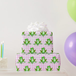 Papel De Presente Sapos verdes em Gingham rosa