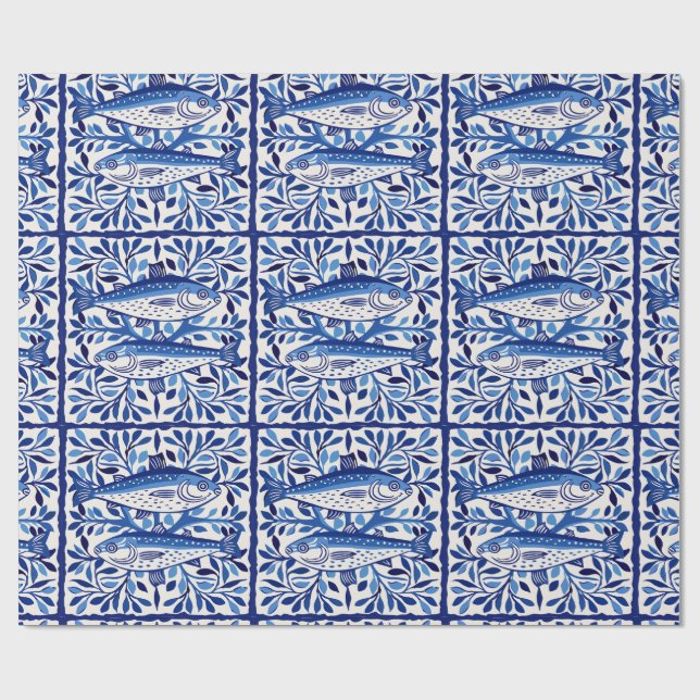Papel De Presente Sardina branca e azul portuguesa (Aberto)