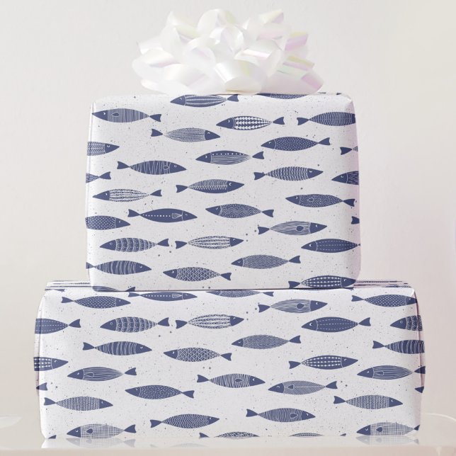 Papel De Presente Sardine Fish Navy Blue White Coastal (Sardine fish blue and white block print Mediterranean gift wrap paper roll)