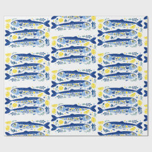 Papel De Presente Sardinhas Azuis e Amarelas de Verão Mediterrâneo