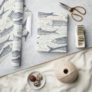 Papel De Presente Sardinhas em Movimento em azul marinho e marfim