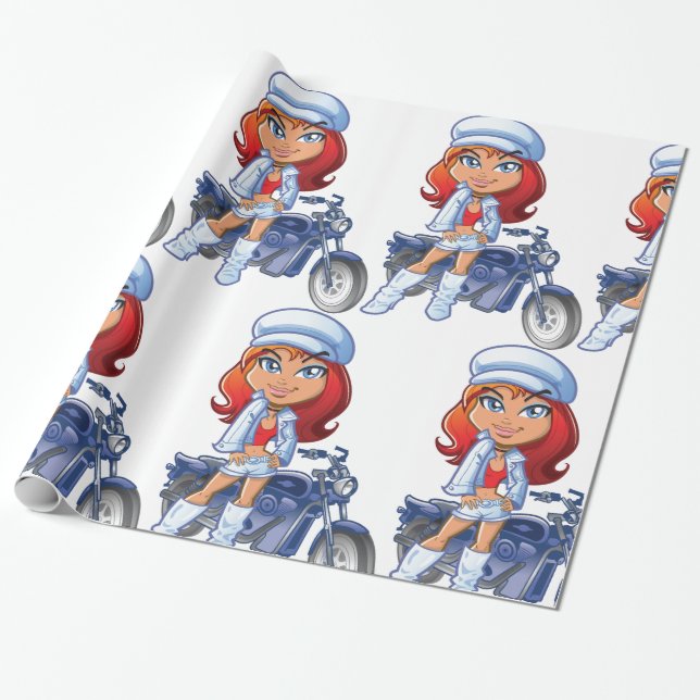 Papel De Presente Sassy Biker Girl com cabelo vermelho e motocicleta (Desenrolado)