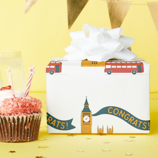 Papel De Presente Saudação "Parabéns!" com tema de Londres e Big Ben (Festa de aniversário)