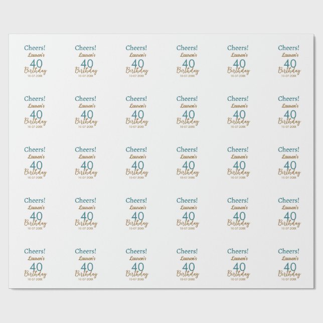 Papel De Presente Saudações 40º aniversário nome data marrom turques (Aberto)
