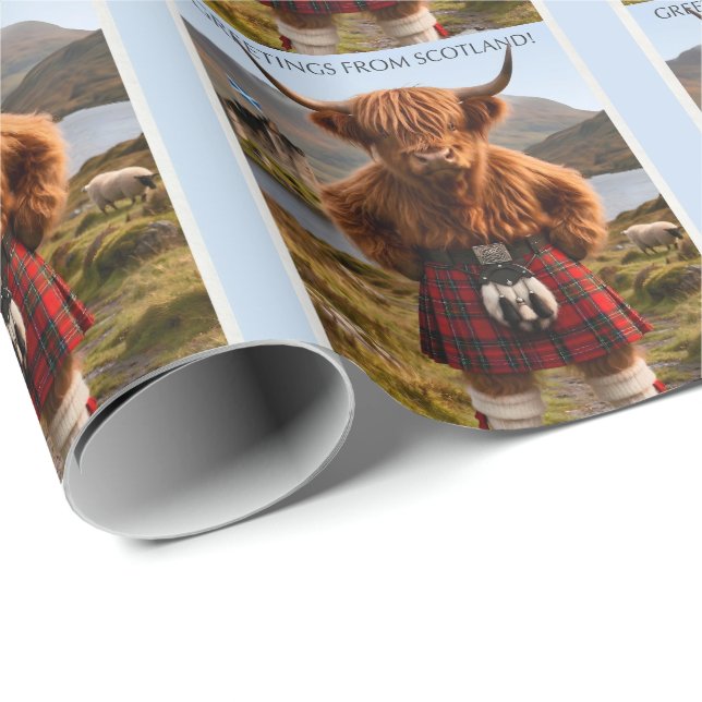 Papel De Presente "Saudações da Escócia" Desenho de Vaca das Terras  (Ponta do rolo)