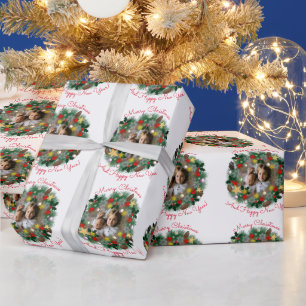 Papel De Presente Saudações de Natal e Ano Novo, foto em coroa