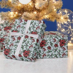 Papel De Presente Sazonal Red Poinsettias e Berries Blue