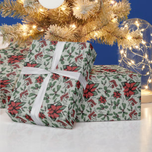 Papel De Presente Sazonal Red Poinsettias e Berries Green