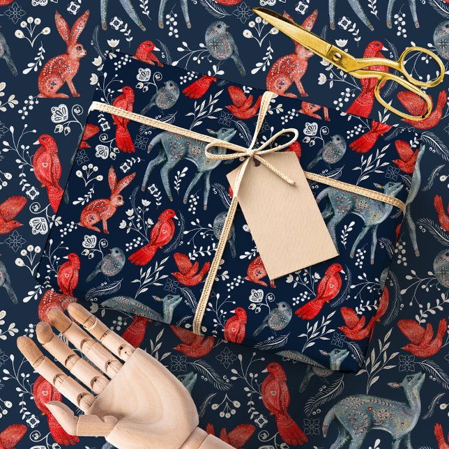 Papel De Presente Scandinavian Nordic Folk Woodland Animals Winter (Criador carregado)