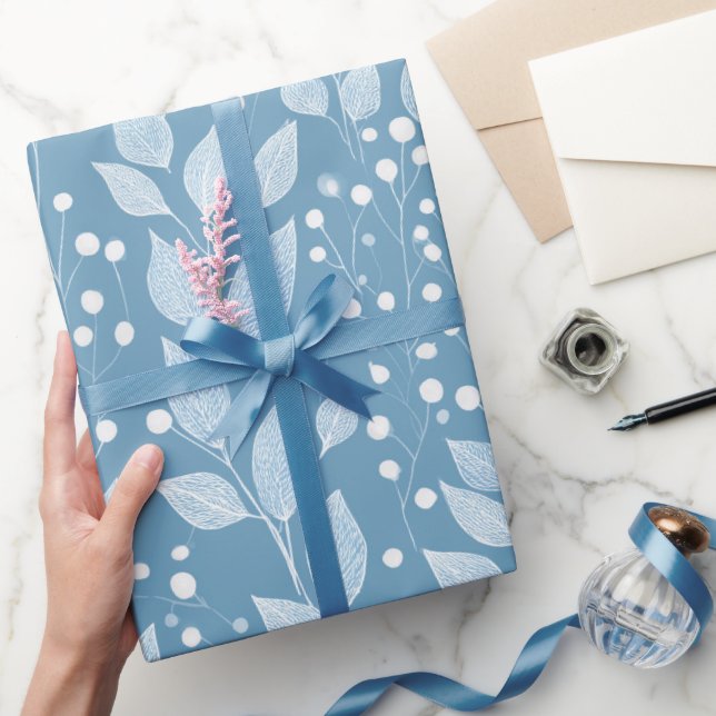 Papel De Presente Scandinavian Soft Blue Leaf White Floral Pattern (Presentear)
