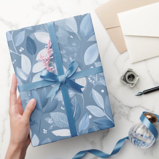 Papel De Presente Scandinavian Soft Blue Leaf White Floral Pattern (Presentear)