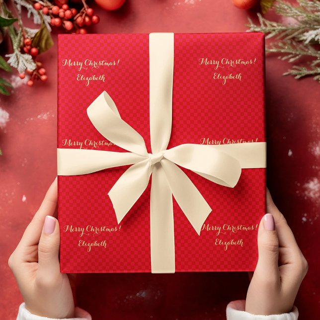 Papel De Presente Script Dourado Faux Personalizado - Cheque Vermelh (Custom Faux Gold Script Merry Christmas Red Checks Wrapping Paper)