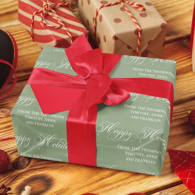 Papel De Presente Script Verde de Feriado Feliz Personalizado (Happy Holidays Custom wrapping paper. )