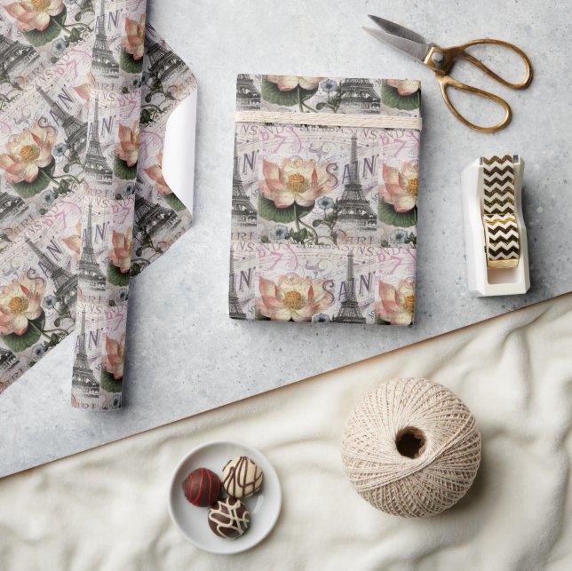 Papel De Presente scripts (torre de eiffel) botânico francês lotus p (Artesanato)