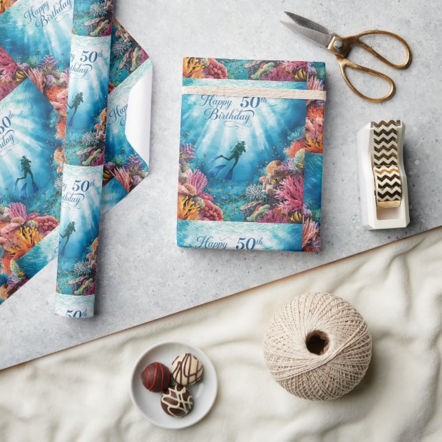 Papel De Presente Scuba 50th birthday underwater birthday card  (Artesanato)