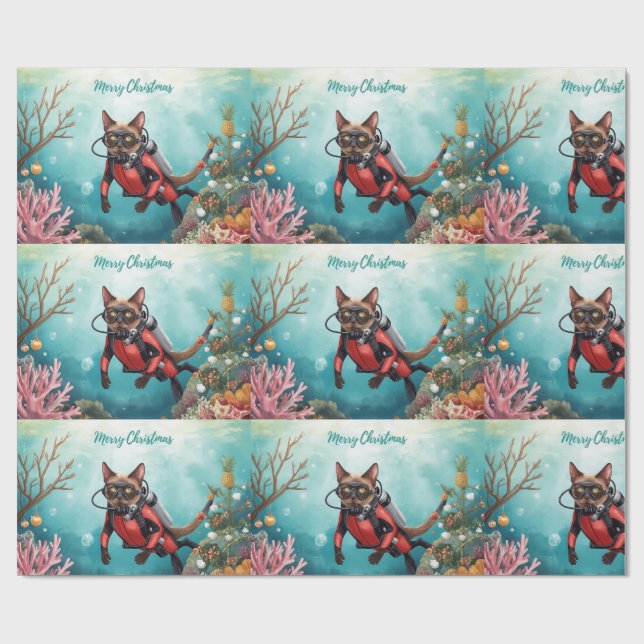 Papel De Presente Scuba Cat Underwater Holiday  Merry Christmas  (Aberto)