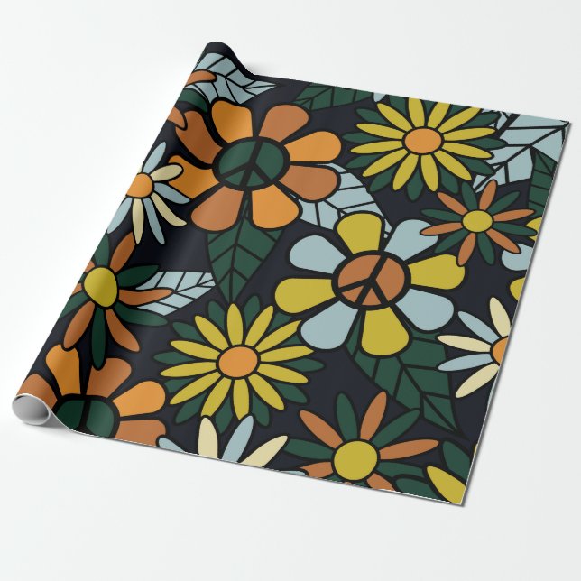 Papel De Presente Seamless 70's retro hippie flowers pattern - Vinta (Desenrolado)