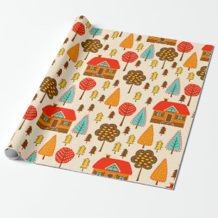 Papel De Presente Seamless pattern with houses in the forest. Vintag