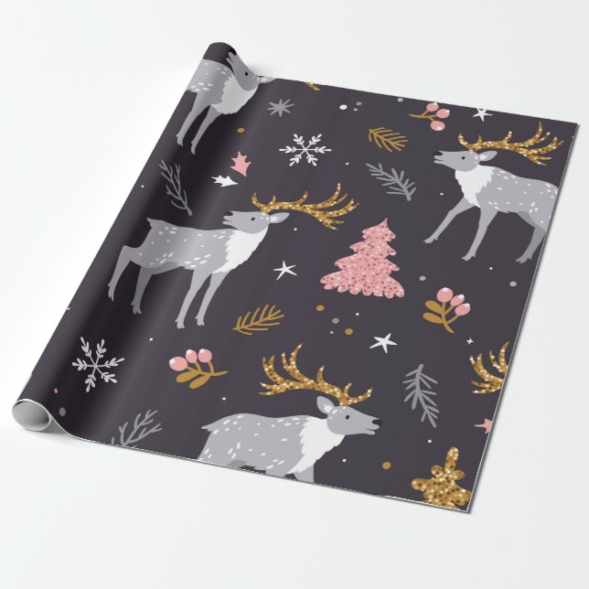 Papel De Presente  seamless pattern with reindeer, fir trees and sno (Desenrolado)