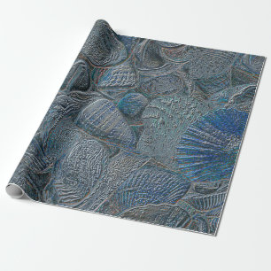 Papel De Presente Seashells Ocean Beach Blue Metallic Decoupage
