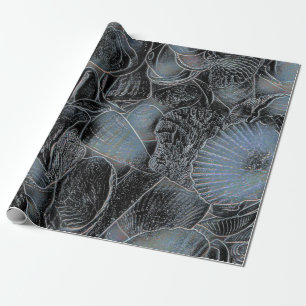 Papel De Presente Seashells Ocean Beach Pastel Blue Black Decoupage