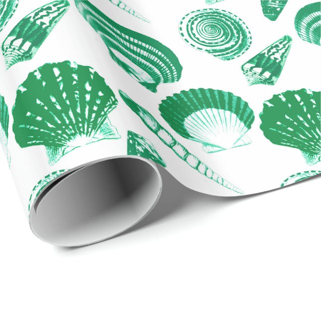 Papel De Presente Seashells - verde esmeralda em um fundo branco (Ponta do rolo)