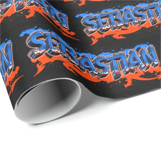 Papel De Presente Sebastian Vorname Name Graffiti blue orange (Ponta do rolo)