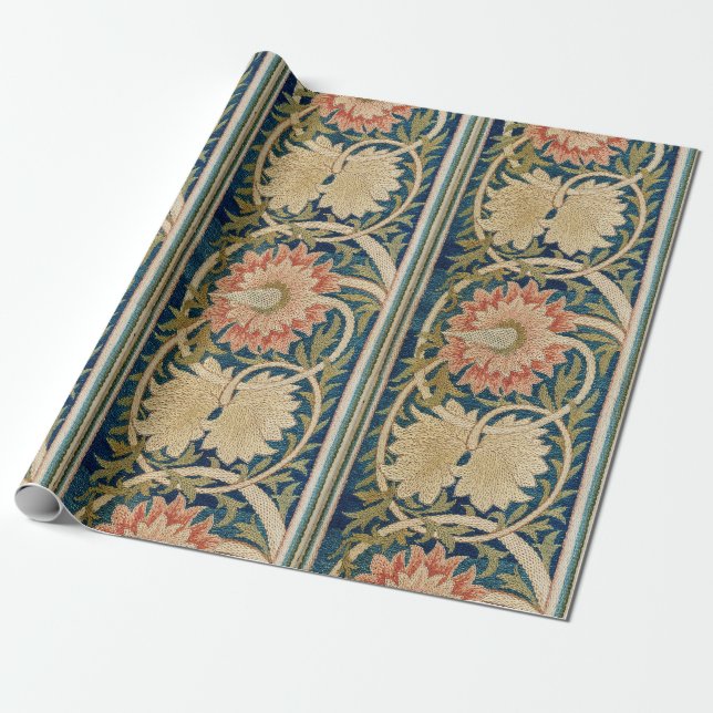 Papel De Presente Seda Floral Bordada Antiga William Morris Pink (Desenrolado)