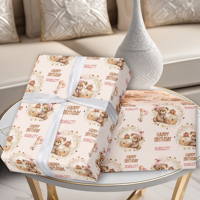 Papel De Presente Segundo aniversário de Nome do Urso de Cueca de ou (Girl Fall Autumn Cute Bear Text Name 2nd Birthday Wrapping Paper)