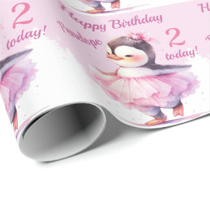 Papel De Presente segundo aniversário Penguin Ballerina rosa