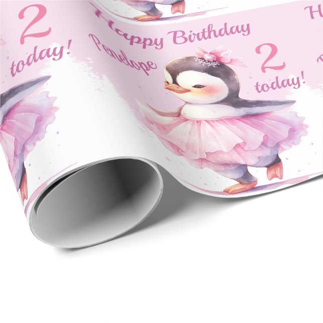 Papel De Presente segundo aniversário Penguin Ballerina rosa (Ponta do rolo)
