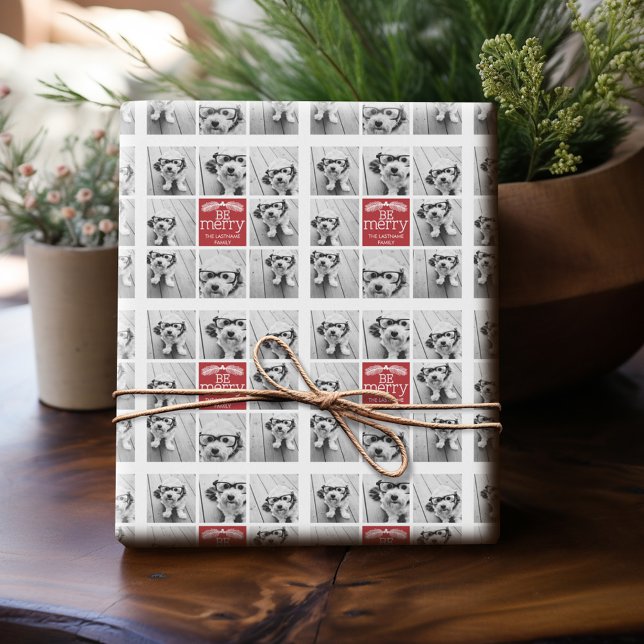 Papel De Presente Seja feliz com fotos de colagem de Natal com branc (Personalized Photo Wrapping Paper)