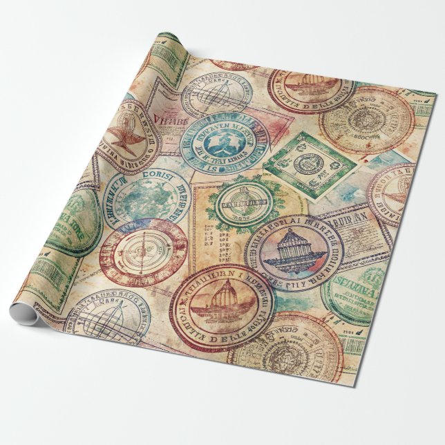 Papel De Presente Selo de Passaporte Rústico Padrão de Viagem (1) (Desenrolado)