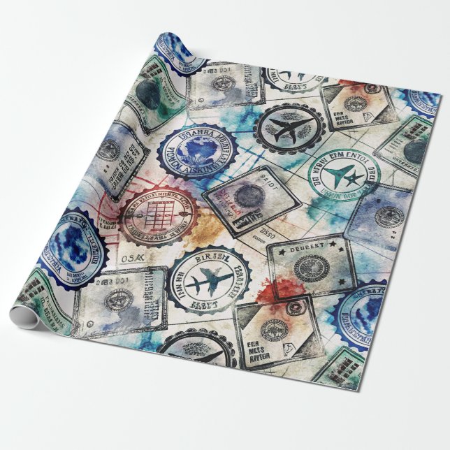 Papel De Presente Selo de Passaporte Rústico Padrão de Viagem (2) (Desenrolado)