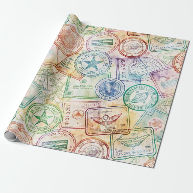Papel De Presente Selo de Passaporte Rústico Padrão de Viagem (3) (Desenrolado)